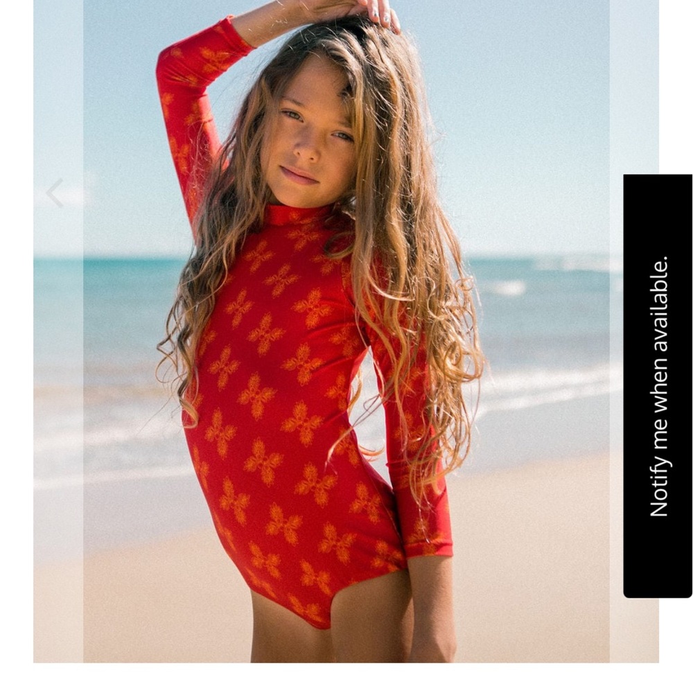 Girls long sleeve zip up in Breadfruit bandana print- Red Floral Kids Swimwear